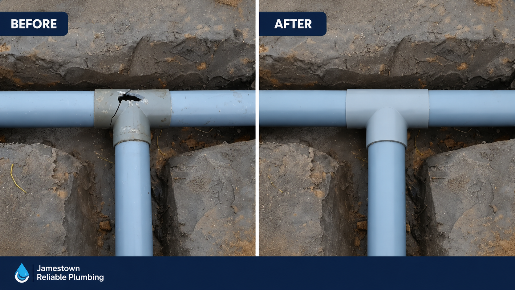 Before and after: cracked PVC drain tee replaced with a new fitting