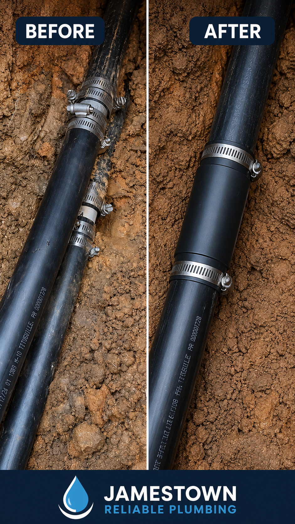 Before and after: leaking clamped poly pipe replaced with a proper coupling