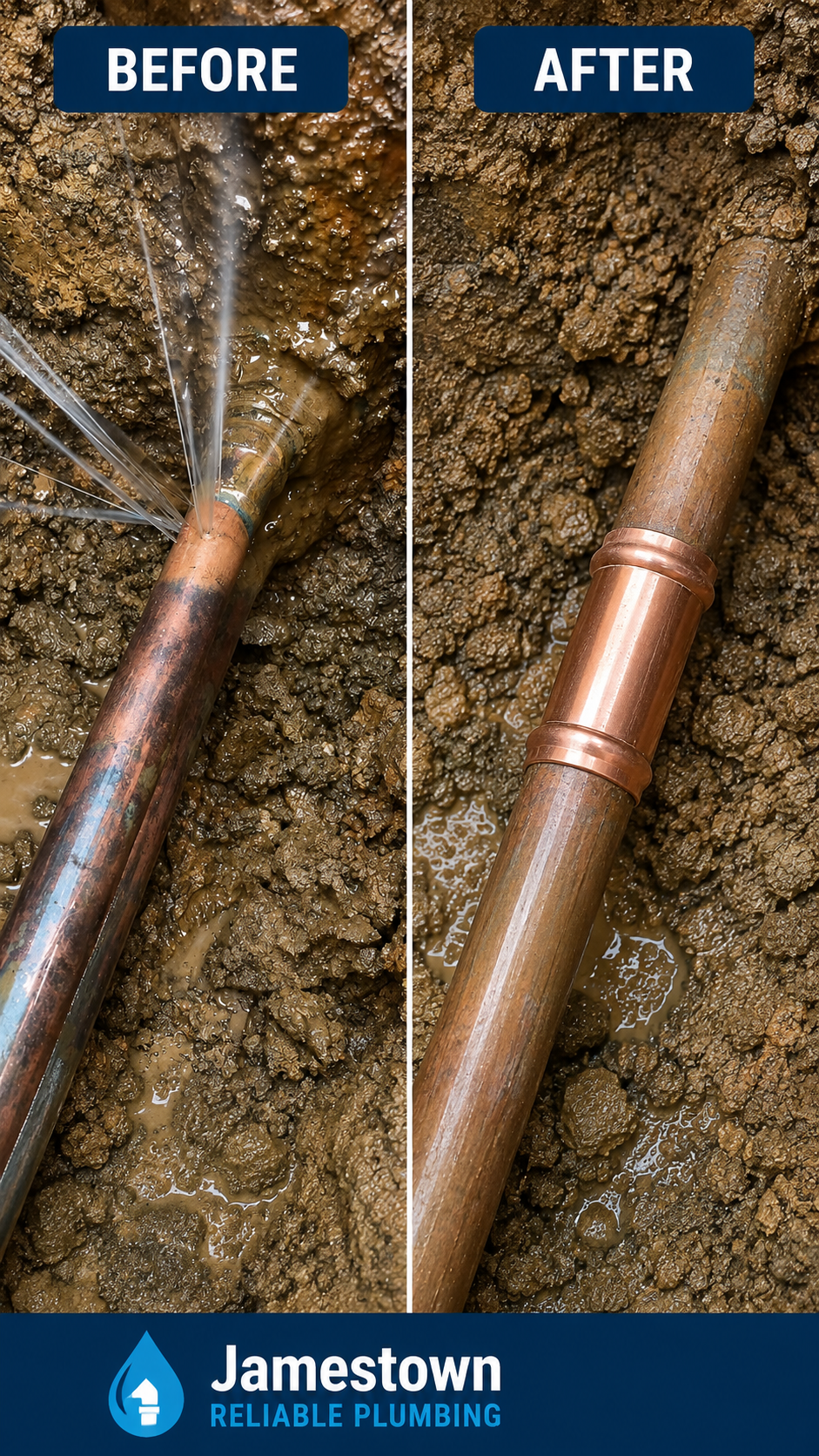 Before and after: burst copper water line repaired with a new coupling